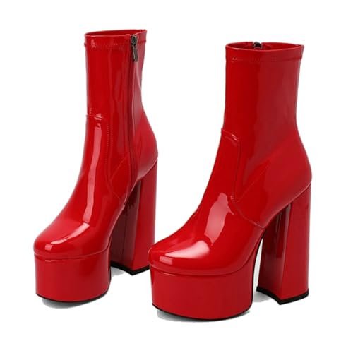 LMUIPMAA Damen Höhe Ferse Stiefeletten Blockabsatz Zip Runde Zehen Stiefeletten Mit Plateau,Rot,38 EU von LMUIPMAA