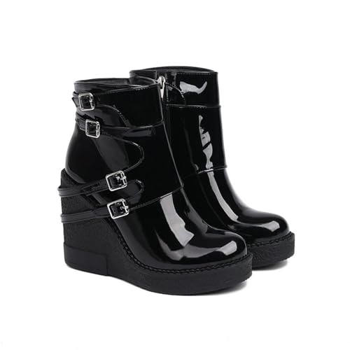 LMUIPMAA Damen Keilabsatz Plateau Stiefeletten Reißverschluss Kurzschaft Herbst Winter Schuhe,Black patent Leather,38 EU von LMUIPMAA