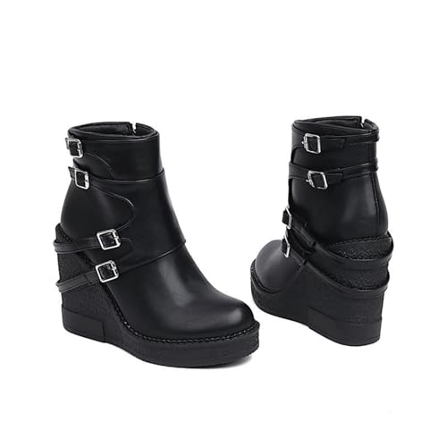 LMUIPMAA Damen Keilabsatz Plateau Stiefeletten Reißverschluss Kurzschaft Herbst Winter Schuhe,Black pu Leather,43 EU von LMUIPMAA