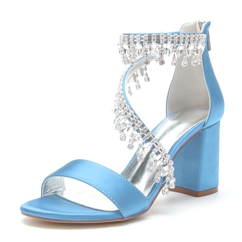 LMUIPMAA Damen Sandaletten Glänzende Strasssteine High Heels Blockabsatz Offene Zehen Abend Party Braut Schuhe Riemchenpumps,Sky blue,35 EU von LMUIPMAA