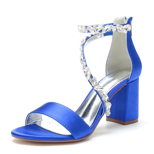 LMUIPMAA Damen Sandaletten Hochzeits Pumps Mit Blockabsatz Hoher Absatz Sexy Offene Zehen Knöchelriemen Abend Party Schuhe,Blau,35 EU von LMUIPMAA