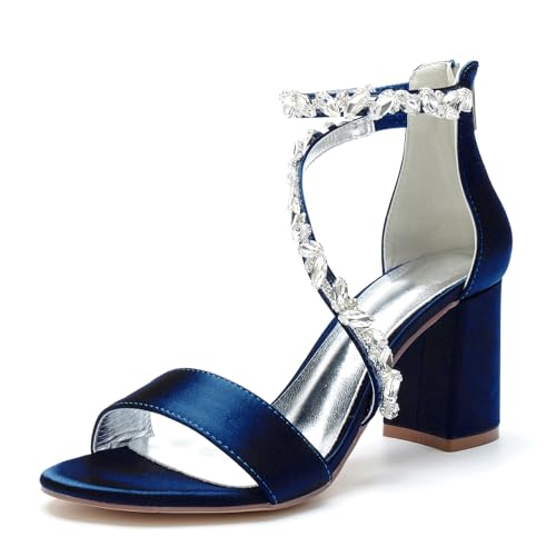 LMUIPMAA Damen Sandaletten Hochzeits Pumps Mit Blockabsatz Hoher Absatz Sexy Offene Zehen Knöchelriemen Abend Party Schuhe,Dark blue,37 EU von LMUIPMAA