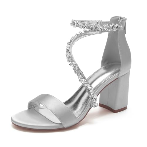 LMUIPMAA Damen Sandaletten Hochzeits Pumps Mit Blockabsatz Hoher Absatz Sexy Offene Zehen Knöchelriemen Abend Party Schuhe,Silber,36 EU von LMUIPMAA