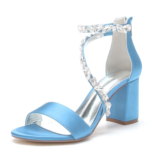 LMUIPMAA Damen Sandaletten Hochzeits Pumps Mit Blockabsatz Hoher Absatz Sexy Offene Zehen Knöchelriemen Abend Party Schuhe,Sky blue,35 EU von LMUIPMAA