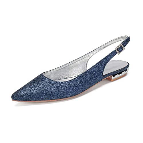 LMUIPMAA Damen Slingback Ballerina mit Knöchel Schnalle Glitzer Flach Spitz Zehen Sommer-Schuhe,Dark blue,37 EU von LMUIPMAA