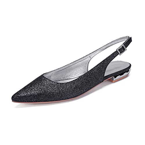 LMUIPMAA Damen Slingback Ballerina mit Knöchel Schnalle Glitzer Flach Spitz Zehen Sommer-Schuhe,Schwarz,36 EU von LMUIPMAA