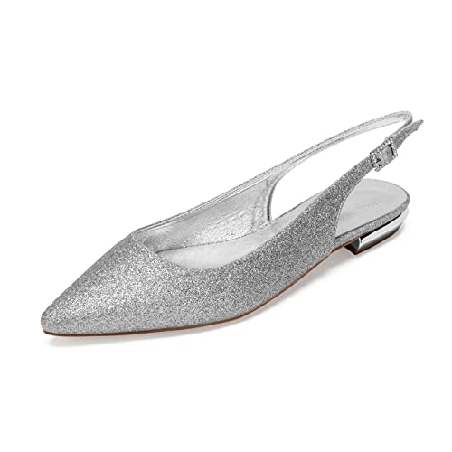 LMUIPMAA Damen Slingback Ballerina mit Knöchel Schnalle Glitzer Flach Spitz Zehen Sommer-Schuhe,Silber,38 EU von LMUIPMAA