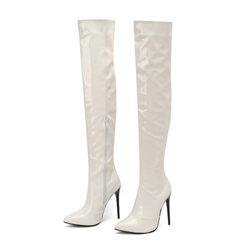 LMUIPMAA Damen Spitze Zehen Overknee Hohe Stiefel Winter Lange Stiefel Mit Reißverschluss Stöckelabsatz Oberschenkel Hohe Stiefel,Weiß,39 EU von LMUIPMAA