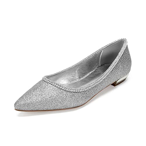 LMUIPMAA Flache Schuhe Frauen Geschlossene Zehen Slip On Wohnungen für Freizeitkleid, formell Hochzeit mit Strass,Silber,36 EU von LMUIPMAA