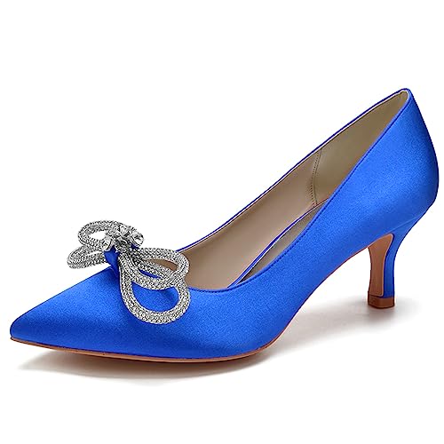 LMUIPMAA Frauen Satin Niegriger Absatz Hofschuhe Strass Hochzeit Kätzchen Absatz Pumps Geschlossene Zehen Braut Party Schuhe,Blau,40 EU von LMUIPMAA