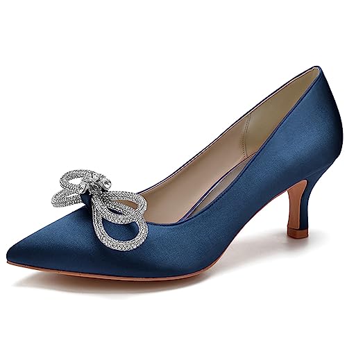 LMUIPMAA Frauen Satin Niegriger Absatz Hofschuhe Strass Hochzeit Kätzchen Absatz Pumps Geschlossene Zehen Braut Party Schuhe,Dark Blue,36 EU von LMUIPMAA