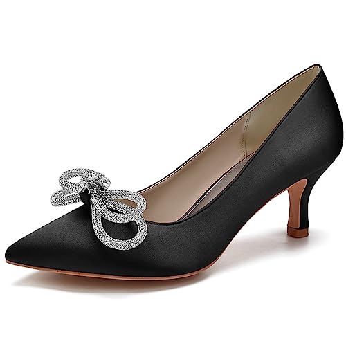 LMUIPMAA Frauen Satin Niegriger Absatz Hofschuhe Strass Hochzeit Kätzchen Absatz Pumps Geschlossene Zehen Braut Party Schuhe,Schwarz,35 EU von LMUIPMAA