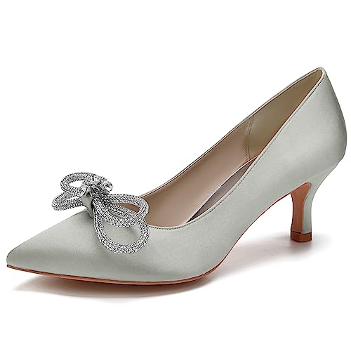 LMUIPMAA Frauen Satin Niegriger Absatz Hofschuhe Strass Hochzeit Kätzchen Absatz Pumps Geschlossene Zehen Braut Party Schuhe,Silber,35 EU von LMUIPMAA