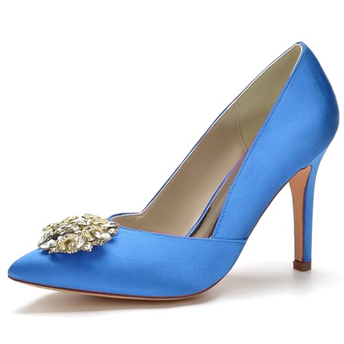 LMUIPMAA Frauen Schuhe Spitze High Heels Pin Schuhe Hochzeitsschuhe Für Partys Mit Strass,Blau,36 EU von LMUIPMAA