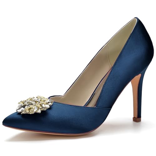 LMUIPMAA Frauen Schuhe Spitze High Heels Pin Schuhe Hochzeitsschuhe Für Partys Mit Strass,Dark Blue,38 EU von LMUIPMAA