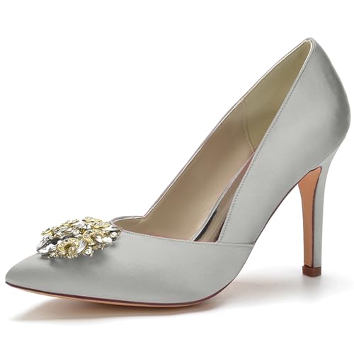 LMUIPMAA Frauen Schuhe Spitze High Heels Pin Schuhe Hochzeitsschuhe Für Partys Mit Strass,Silber,36 EU von LMUIPMAA