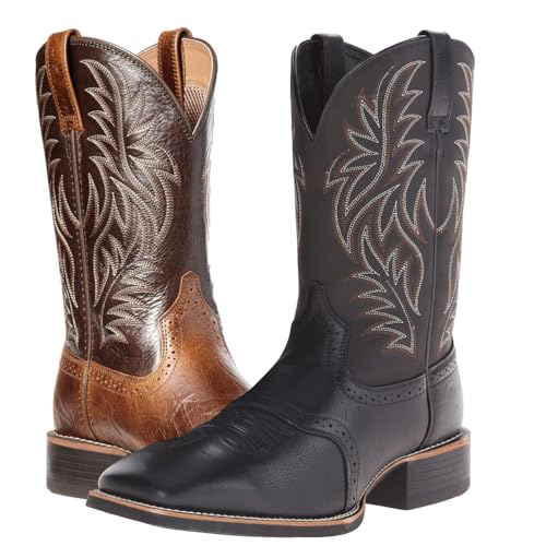 LMUIPMAA Herren Cowboystiefel Breit Quadratischer Zehen Stickerei Mittlere Wade Westernstiefel,Braun,44 EU von LMUIPMAA