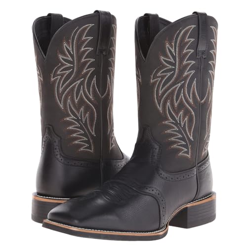 LMUIPMAA Herren Cowboystiefel Breit Quadratischer Zehen Stickerei Mittlere Wade Westernstiefel,Schwarz,43 EU von LMUIPMAA