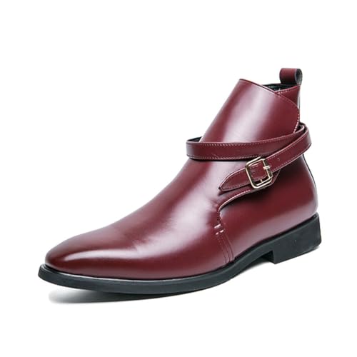 LMUIPMAA Herren Elegant Spitze Zehe Schnallenriemen Stiefeletten Kunstleder Modische Stiefel,Rot,40 EU von LMUIPMAA