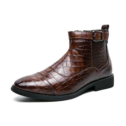LMUIPMAA Herren-Print Leder mit seitlichem Reißverschluss Chelsea-Stiefeletten Monkstiefel mit niedrigem Absatz Lässiges Kleid mit spitzer Schnalle Kurze Stiefeletten,Braun,43 EU von LMUIPMAA