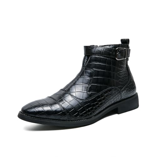 LMUIPMAA Herren-Print Leder mit seitlichem Reißverschluss Chelsea-Stiefeletten Monkstiefel mit niedrigem Absatz Lässiges Kleid mit spitzer Schnalle Kurze Stiefeletten,Schwarz,42 EU von LMUIPMAA