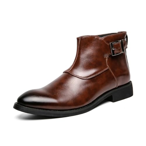 LMUIPMAA Herren Schnallenriemen Reißverschluss Stiefeletten Kunstleder Modische Stiefel,Braun,38 EU von LMUIPMAA