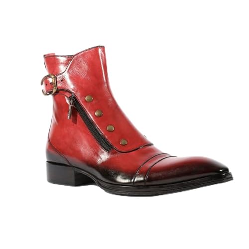 LMUIPMAA Herren Stiefelette Reißverschluss Spitze Motorrad Reitstiefel Schnalle Niet Brogue Booties,Rot,44 EU von LMUIPMAA