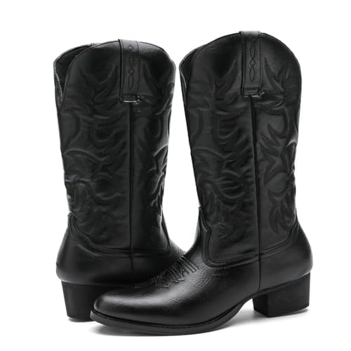 LMUIPMAA Herren Western Cowboystiefel Leder Vintage Bestickte Stiefel Runde Zehen Medium Tube Stiefel,Schwarz,46 EU von LMUIPMAA