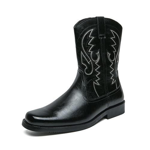 LMUIPMAA Herren Western Cowboystiefel Stickerei Halbschaft Leder Country Arbeitsstiefel,Schwarz,41 EU von LMUIPMAA