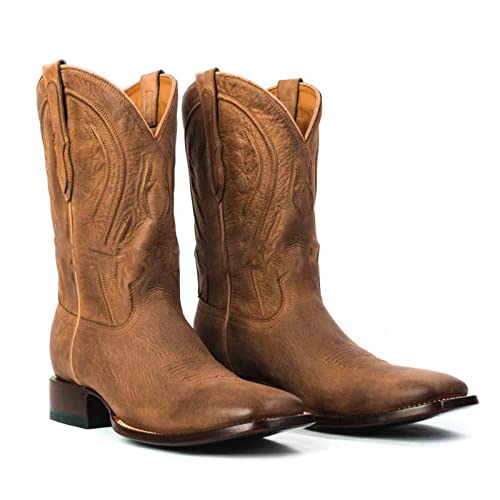 LMUIPMAA Männer Gestickt Cowboy-Stiefel Western Quadrat Zehen Slip-On Stiefel Mit Mittlerer Wade,Braun,48 EU von LMUIPMAA