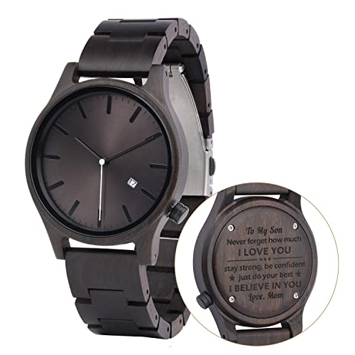 LMWOOD Hölzerne Uhr graviert personalisierte Uhr für Männer, Ebenholz Holz Armbanduhr, Geburtstagsgeschenk für Ehemann, Geschenk für Sohn von Eltern von LMWOOD