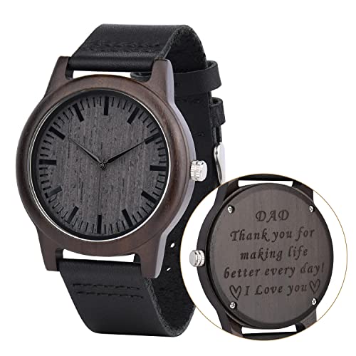 LMWOOD Personalisierte Holz Armbanduhr für Männer Holzuhr mit Lederband Holz Uhr für ihn Geschenk für Vater Dad Ehemann Freund von LMWOOD