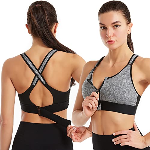 LMYKH Damen Sport BH ohne bügel Starker Halt Gekreuzt Rücken Reißverschluss vorn Workout Fitness Yoga Bras (2XL, Grau) von LMYKH