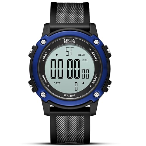LN LENQIN Herren Digital Uhren Outdoor Sport Stil Uhren 30M Wasserdicht Armbanduhren mit Silikonband für Männer Mode Uhren mit Multifunktion/Kalender/Alarm/Chronograph/LED Hintergrundbeleuchtung-Blau von BAISHIOI