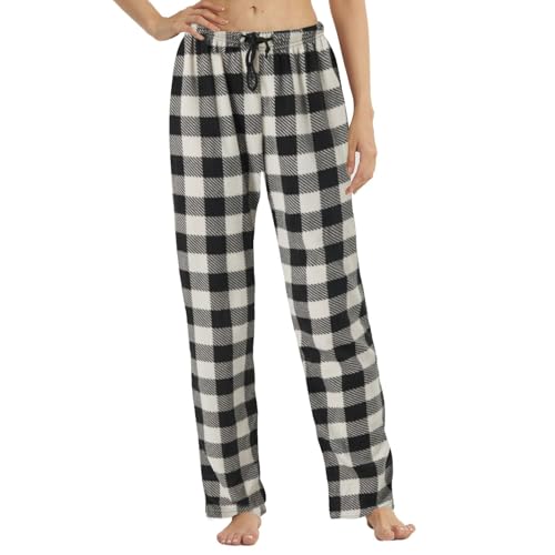 1-2 Pack Damen Plaid Pyjamahose Fleece Kariert Pjs Hosen Weiche Kordelzug Lounge Nachtwäsche für Damen, Grau-schwarzes Karomuster (eine Packung), 38 von LNFINTDO