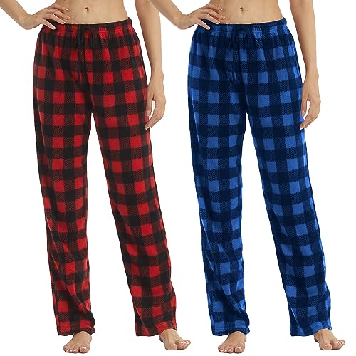 2 Stück Damen Pyjamahose Fleece Buffalo Plaid Pyjama Hose Weich Kordelzug Lounge Nachtwäsche für Damen, Rotes, schwarzes Karomuster und blaues schwarzes Karomuster, 36 von LNFINTDO