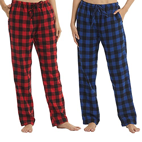 LNFINTDO 1-2er Pack Schlafanzughose Damen Frauen Flanell Karierte Weiche Pyjamahose Lounge Hosen Fleece Lounge Nachtwäsche mit Taschen von LNFINTDO