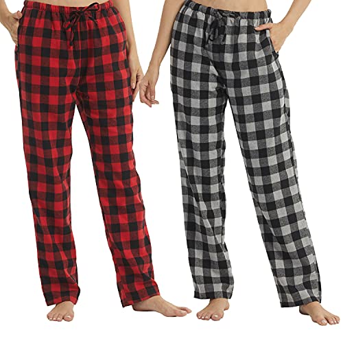 LNFINTDO 1-2er Pack Schlafanzughose Damen Frauen Flanell Karierte Weiche Pyjamahose Lounge Hosen Fleece Lounge Nachtwäsche mit Taschen von LNFINTDO