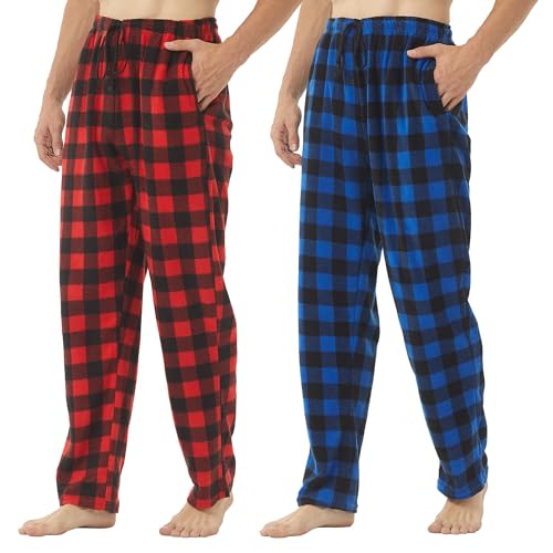 LNFINTDO 1-2er Pack Schlafanzughose Herren Lang Fleece Karierte Pyjamahose Winter Warm Nachtwäsche Bequeme Freizeithose Weihnachts Pyjama mit Taschen und Kordelzug von LNFINTDO