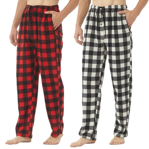 LNFINTDO 1-2er Pack Schlafanzughose Herren Lang Fleece Karierte Pyjamahose Winter Warm Nachtwäsche Bequeme Freizeithose Weihnachts Pyjama mit Taschen und Kordelzug von LNFINTDO