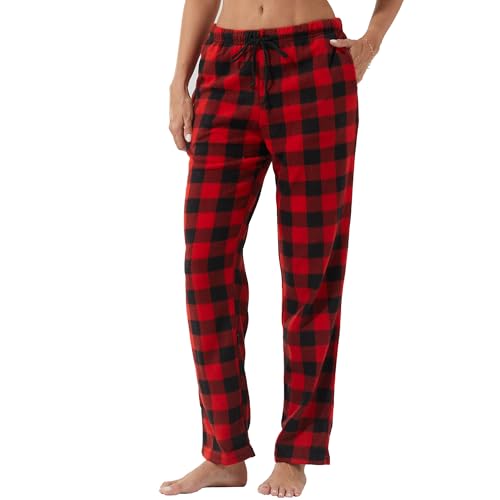 LNFINTDO 1-2er Pack Schlafanzughosen für Damen Lang Karierte Pyjamahose Winter Fleece Nachtwäsche Hose Weich Freizeithose Weihnachts Pyjama mit Taschen von LNFINTDO