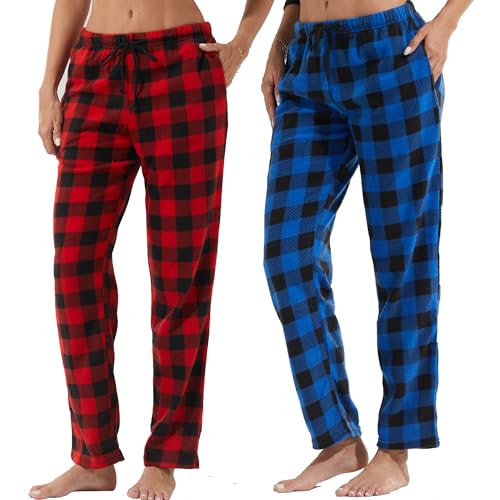 LNFINTDO 1-2er Pack Schlafanzughosen für Damen Lang Karierte Pyjamahose Winter Fleece Nachtwäsche Hose Weich Freizeithose Weihnachts Pyjama mit Taschen von LNFINTDO