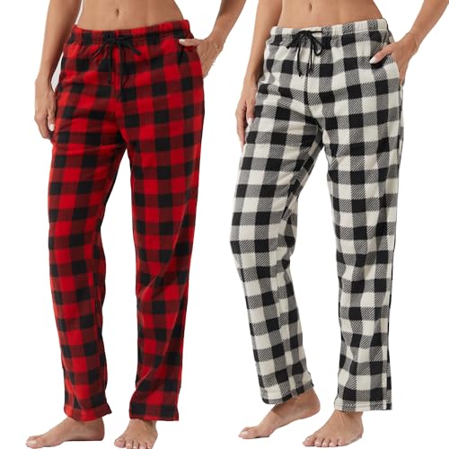 LNFINTDO 1-2er Pack Schlafanzughosen für Damen Lang Karierte Pyjamahose Winter Fleece Nachtwäsche Hose Weich Freizeithose Weihnachts Pyjama mit Taschen von LNFINTDO