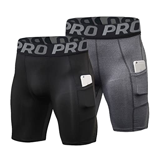 LNFINTDO 2er Pack Herren Kompressionsshorts Funktionsunterwäsche Tights Kurz Unterhose Sport Laufhose Schnelltrocknendes Base Layer Tights atmungsaktive Radlerhose mit Handytasche von LNFINTDO