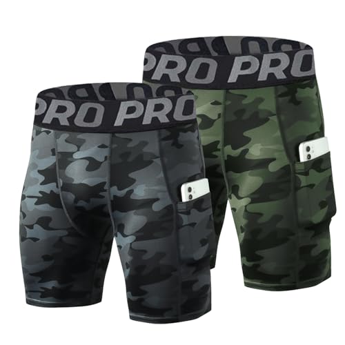 LNFINTDO 2er Pack Herren Kompressionsshorts Funktionsunterwäsche Tights Kurz Unterhose Sport Laufhose Schnelltrocknendes Base Layer Tights atmungsaktive Radlerhose mit Handytasche von LNFINTDO
