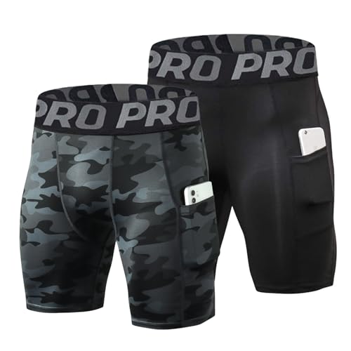 LNFINTDO 2er Pack Herren Kompressionsshorts Funktionsunterwäsche Tights Kurz Unterhose Sport Laufhose Schnelltrocknendes Base Layer Tights atmungsaktive Radlerhose mit Handytasche von LNFINTDO