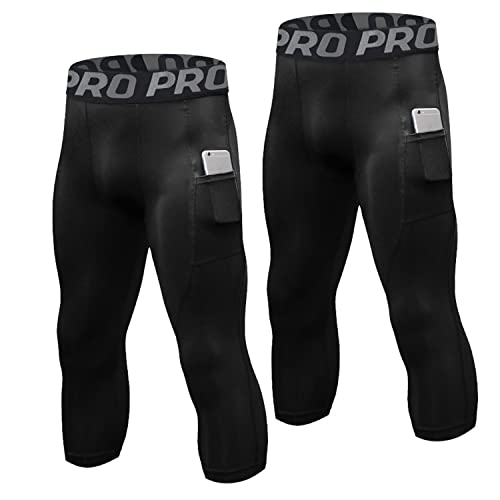 LNFINTDO 2er-Pack Kompressionshose Herren 3/4 Sport Leggings Schnelltrocknende Lauftights mit Taschen Atmungsaktiv Kompression Hose für Fitness Gym Joggen Training Basketball von LNFINTDO