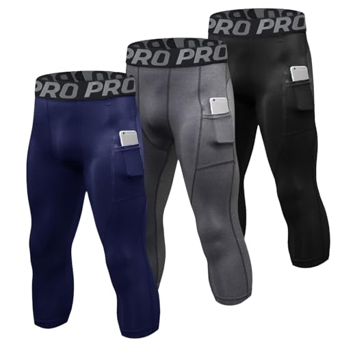 LNFINTDO 3er-Pack Kompressionshose Herren 3/4 Sport Legging Schnelltrocknende Lauftights mit Taschen Atmungsaktiv Kompression Hose für Fitness Gym Joggen Training Basketball von LNFINTDO