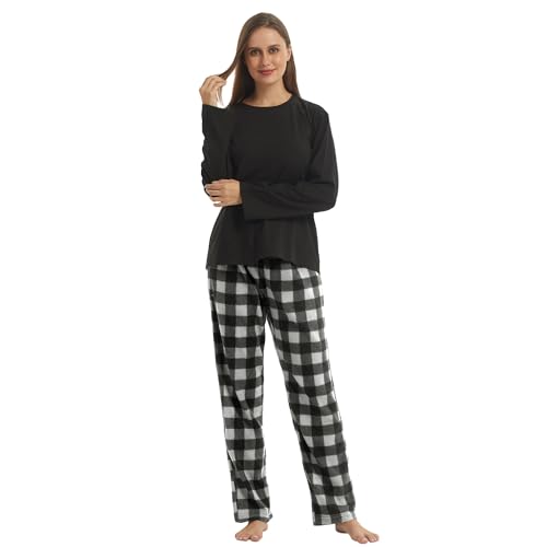 LNFINTDO Damen Schlafanzug Lang Zweiteiliger Winter Fleece Pyjama Set Langarm Sleepwear und Karierte Pyjamahose Frauen Weihnachts Loungewear von LNFINTDO