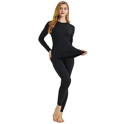 LNFINTDO Damen Thermounterwäsche Set Rundhalsausschnitt Langarm Top & Hose Winter Warm Base Layer Set für Damen, Schwarz , 48 von LNFINTDO